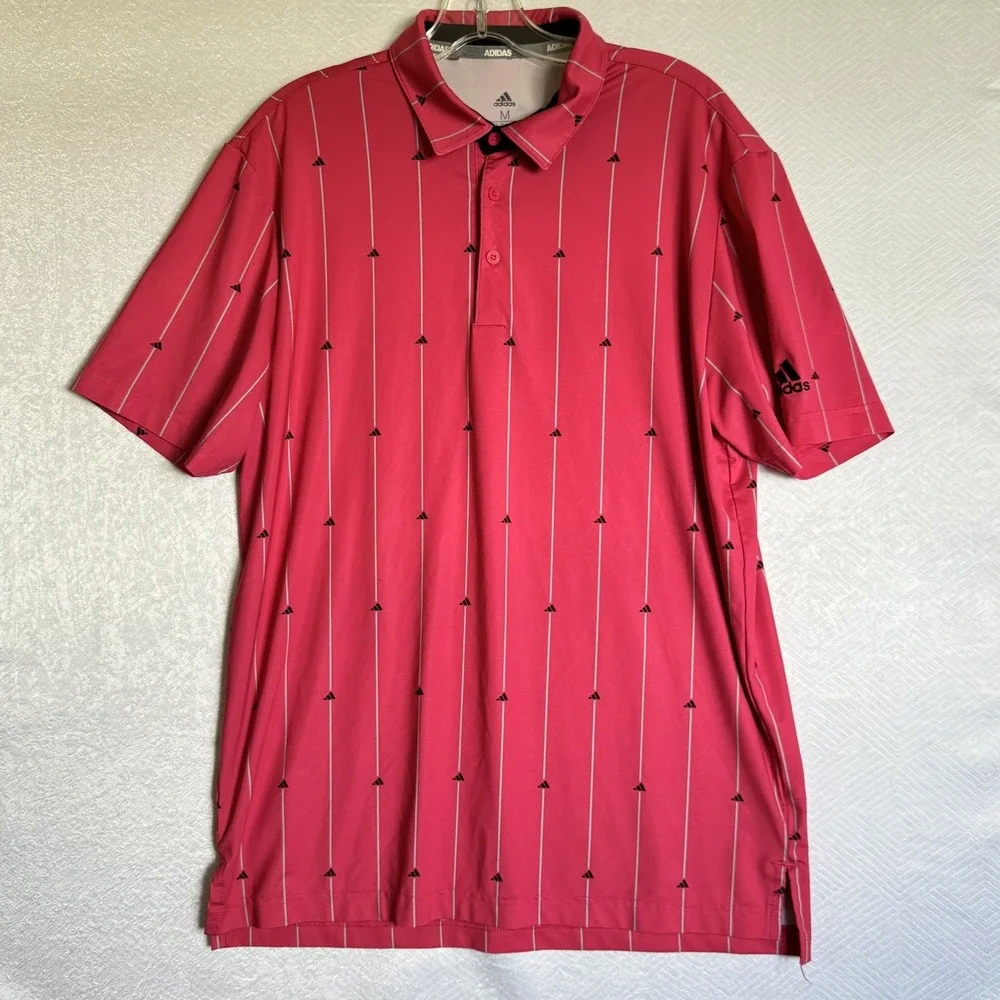 Adidas Polo Shirt Mens Medium Pink Stripe Golf Lightweight‎ Performance Logo